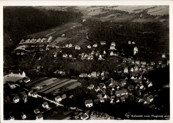 Postcard Kaltental in Allgäu Swabia, aerial view of many houses, agricultural areas