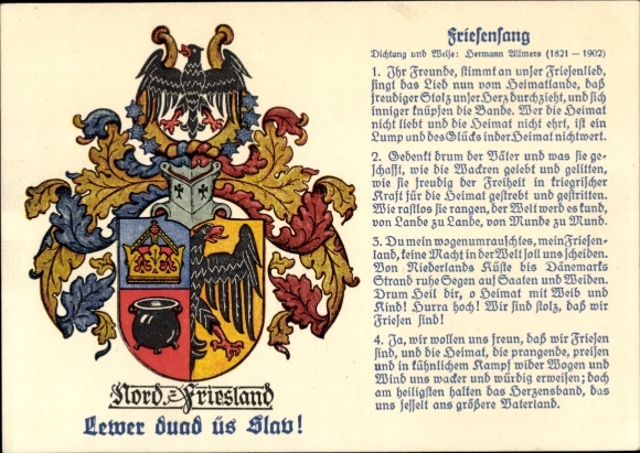 Song coat of arms Postcard Nordfriesland, Friesensang, Lewer duad üs Slav