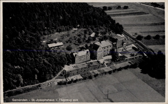 Postcard Gemünden Wohra in Hesse, aerial view of St. Joseph's House, surrounding fields, trees