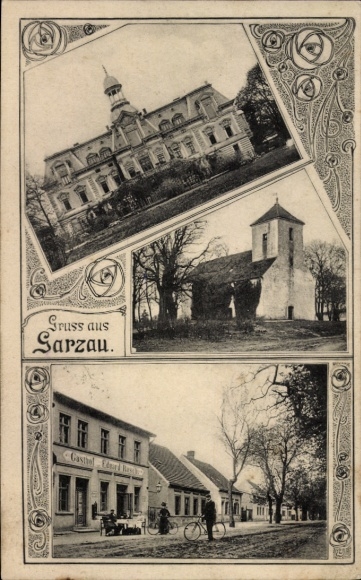 Passepartout Postcard Garzau in der Mark, castle, church, inn