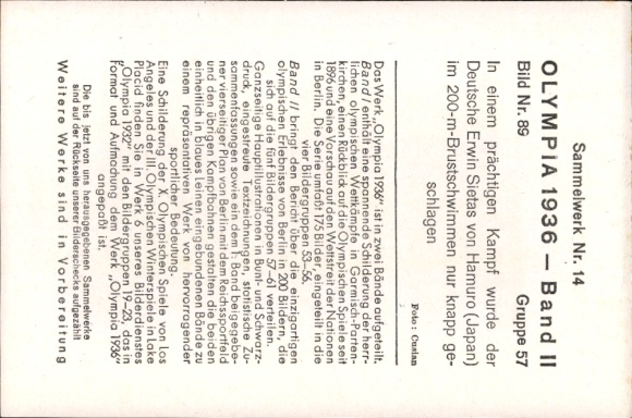 Collector's picture 1936 Olympics, swimmers Erwin Sietas and Hamuro