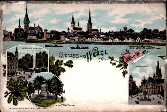 Chromo-Litho Wesel on the Lower Rhine, Kaiserplatz, Kaiserhof, monument, large market