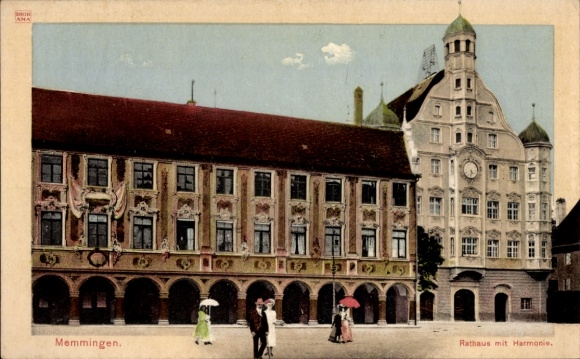 Postcard Memmingen in Swabia, town hall with harmony, people with umbrellas