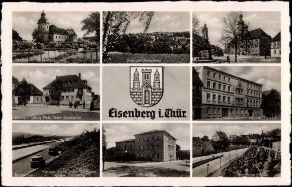 Postcard Eisenberg in Thuringia, castle, rose garden, market square, house of the NSDAP, Hermann Goering square