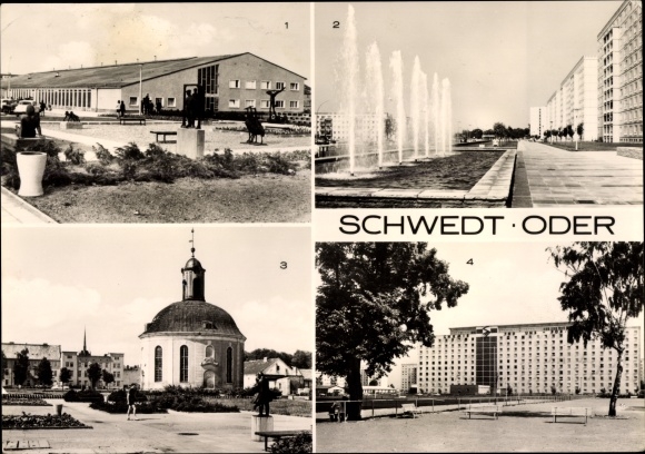 Postcard Schwedt on the Oder, French chapel, sports hall, Leninallee, singles&#39; dormitory