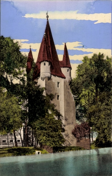 Postcard Augsburg in Swabia, Fünfgrad Tower, water, trees, sky, colorful