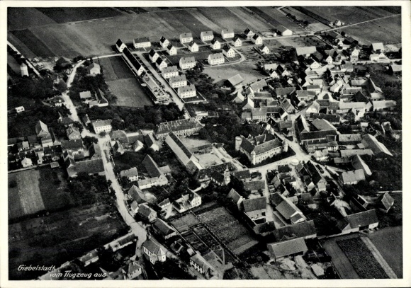 Postcard Giebelstadt in Lower Franconia, aerial photograph, residential buildings, fields, landscape