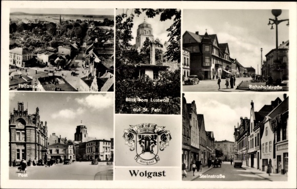 Ak Wolgast in Mecklenburg Vorpommern, Bahnhofstraße, Blick v. Lustwall auf St. Petri, Post, Wappen