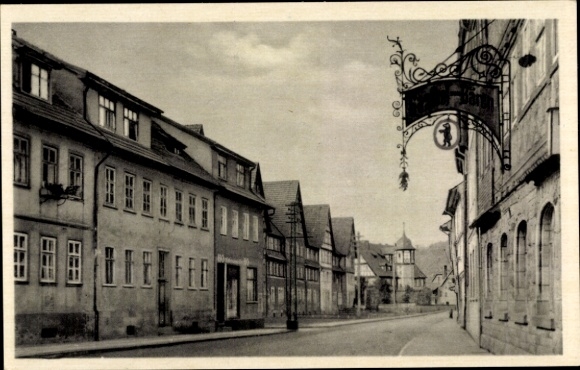 Postcard Wasungen in the Thuringian Forest, street view, sign of the guesthouse