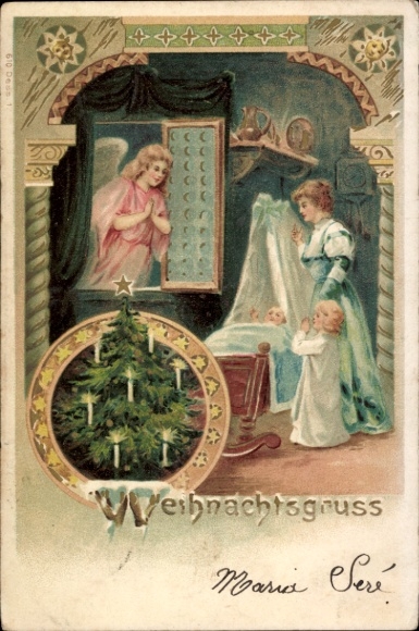 Chromo-Litho Merry Christmas, angel at the window, Christmas tree, mother with children, praying