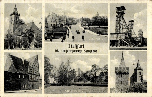 Ak Staßfurt Sachsen Anhalt, Fördertürme, Johanniskirche, Adler Apotheke, Eulen- und Johannisturm