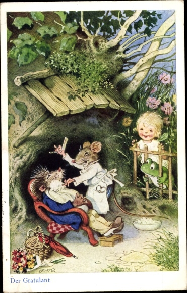 Künstler Ak Baumgarten, Fritz, Der Gratulant, Maus als Barbier, Igel, Frosch