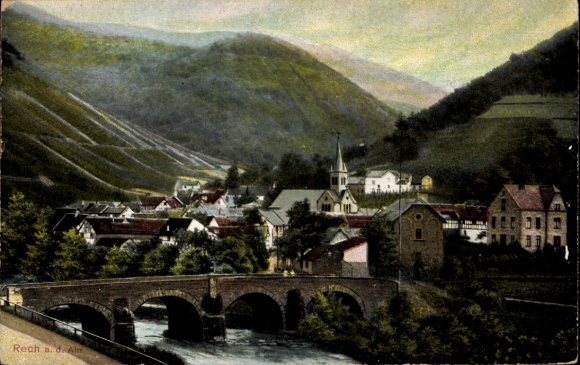 Postcard Rech ad Ahr, panorama, bridge, church tower