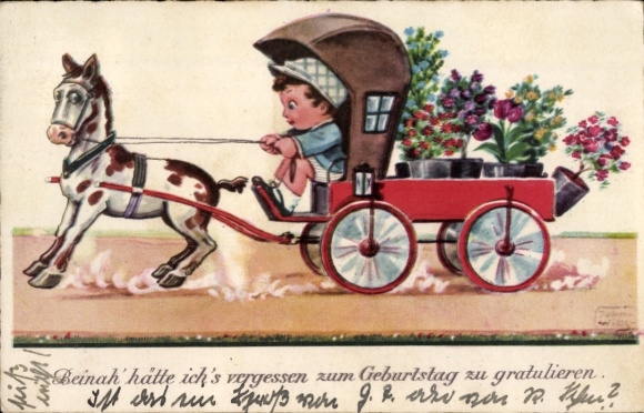 Artist Postcard Wills, John, Happy Birthday, Boy on a Carriage, Flowerpots