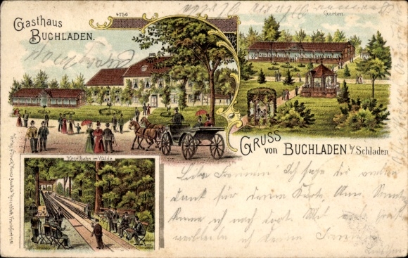 Chromo-Litho Boklah Schladen Werla in the Harz, inn bookshop, bowling alley in the forest, garden