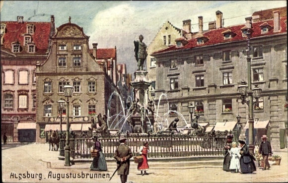 Artist Postcard Augsburg in Swabia, Passers-by at the Augustus Fountain, WIRO 2150 A