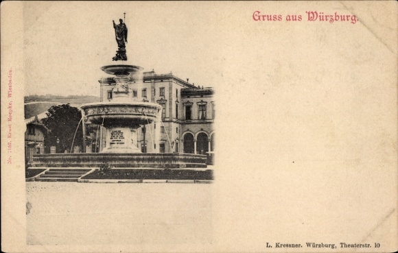 Postcard Würzburg am Main Lower Franconia, fountain with statue, building in the background, greetings from Würzburg