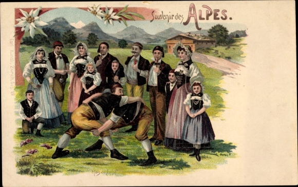 Chromo-Litho Souvenir des Alpes, Hosenhupf, Ringen, Swiss costume