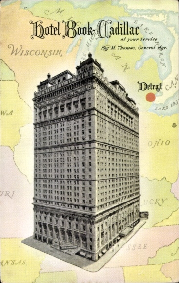 Postkaart Detroit Michigan USA, Hotel Book-Cadillac