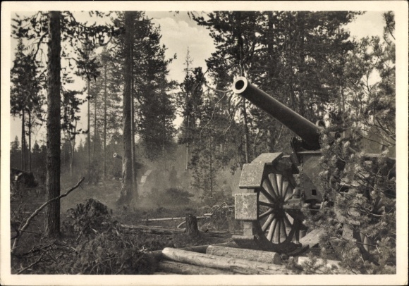 Postcard Waffen-SS, Battle of the SS Mountain Division North in Karelia, Finnish artillery, EAS