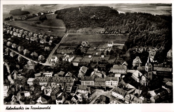Postcard Helmbrechts in Upper Franconia, Franconian Forest, aerial photograph