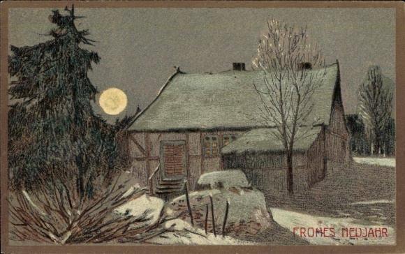 Postcard Happy New Year, house, Christmas tree, snow