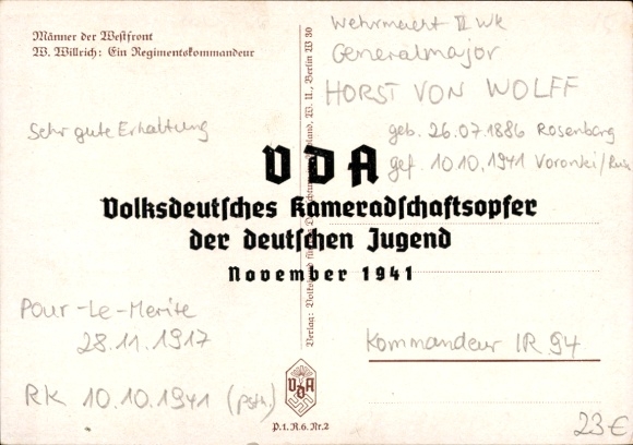 Artist Postcard Willrich, Wolfgang, Horst von Wolff, Regimental Commander, Wehrmacht, VDA P 1 R 5 No. 2