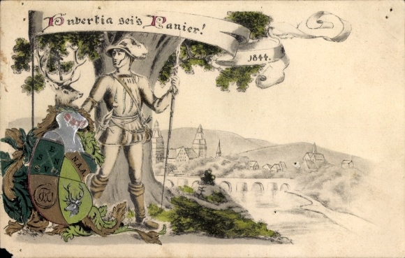 Studentika Postcard Rosenheim, Corps Hubertia, 1844, coat of arms KSCV