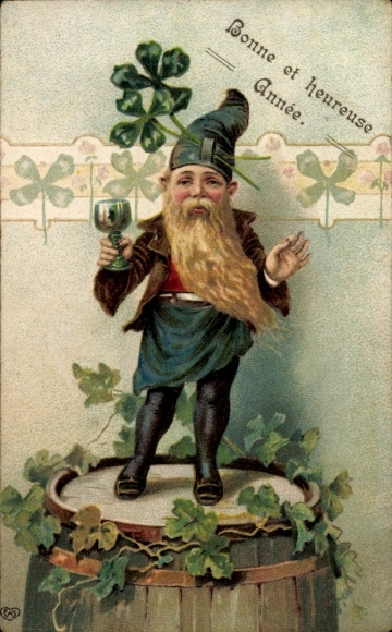 Embossed Postcard Congratulations New Year, Dwarf, Wine Glass, Lucky Clover