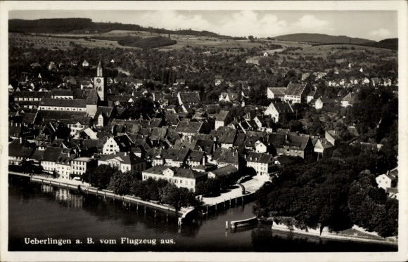 Postcard Überlingen on Lake Constance, aerial photograph of the town, Gasthof Mohr