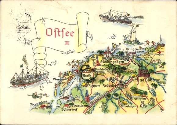 Maps Postcard Rerik, Baltic Sea, Buk, Wustrow, Poel, Kühlungsborn, Bad Doberan