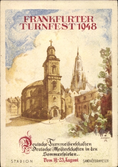 Artist Postcard Frankfurt am Main, Gymnastics Festival 1948, Sandhöferwiesen Stadium