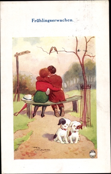Artist PC Maurice, spring awakening, lovers on bench, dogs, birds, Love Lane