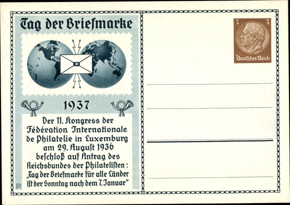 Postwaardestukken Ansichtkaart Dag van de Postzegel 1937, 11e congres van de Fédération Int. de Filatelie in Luxemburg