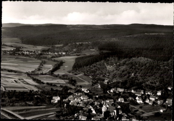 Ak Oppelsbohm Berglen in Württemberg, Landschaftsaufnahme, Hügel, Dörfer, grüne Felder, Bauernsie