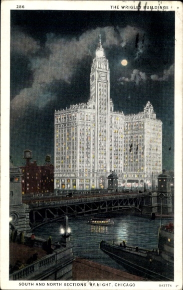 Ak Chicago Illinois USA, Wrigley Building, nachtelijke verlichting, Michigan Boulevard, brug