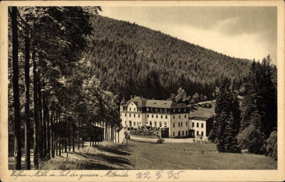 Postcard Dittersdorf glassworks in the Ore Mountains, Wolfner mill, Mittweida valley, forest, mountain landscape