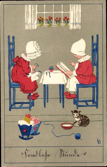Artist Postcard Döring, Lia, children embroider and read in the living room, doll, cat