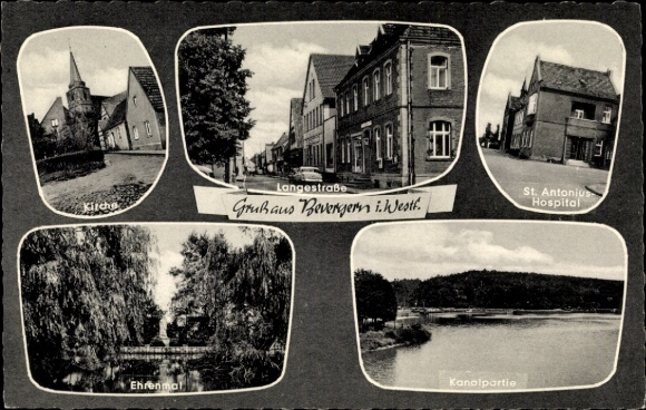 Ak Bevergern Hörstel in Westfalen, Kerk, Monument, Langestraße, St. Antonius Ziekenhuis, Kanaalpark