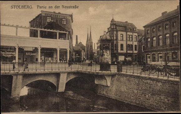 PC Stolberg, part of Neustrasse, restaurant, advertising pillar