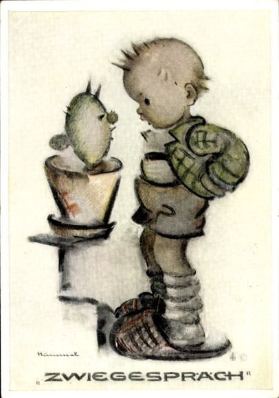 Artist Postcard Hummel, Dialogue, little boy with cactus, No. 5555