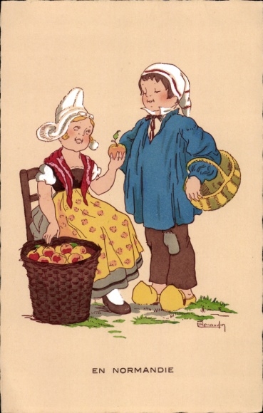 Künstler Ak Normandie, Kinder in Trachten, Korb mit Äpfeln