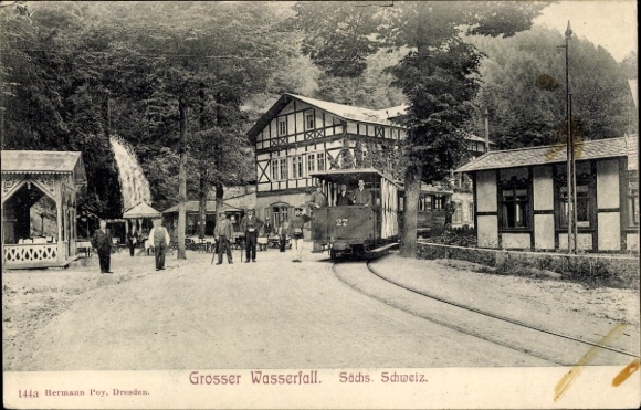 Ak Lichtenhain Sebnitz Sächsische Schweiz, Lichtenhainer Wasserfall, Straßenbahn
