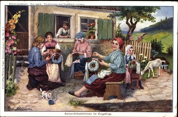 Artist Postcard Schneider, Rud., Lacemakers in the Ore Mountains, Goat