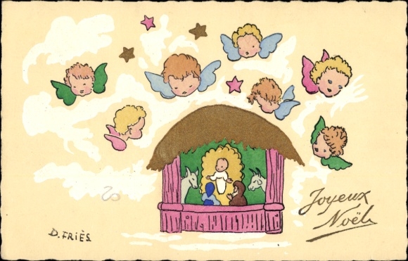 Artist Postcard Fries, D., Angels hover over a manger with Mary Joseph and the baby Jesus.