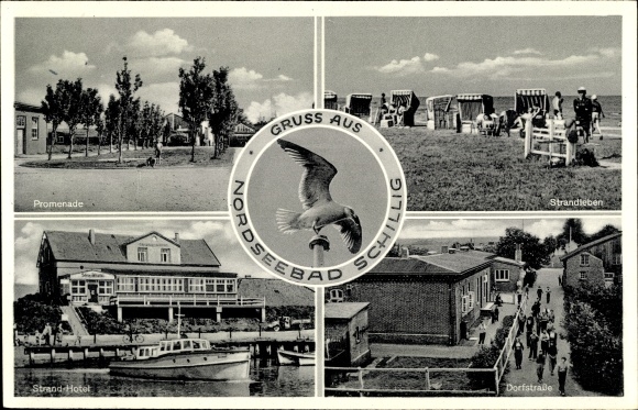 Postcard Schillig Wangerland in Friesland, beach life, promenade, village street, beach hotel