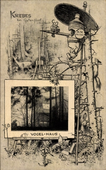 Passepartout Postcard Krebes Burgstein Weischlitz in Vogtland, birdhouse in the forest, Malfink, dwarves