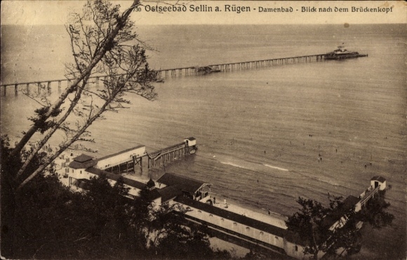 Ak Ostseebad Sellin op Rügen, strand, damesbad, bruggenhoofd, Oostzee,