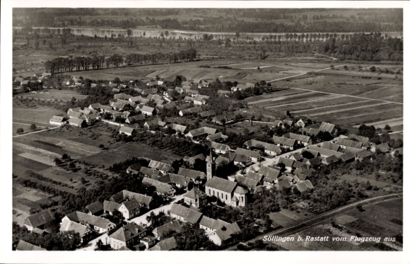 Postcard Söllingen Pfinztal am Kraichgau, aerial view of a village, fields, forests, clear sky