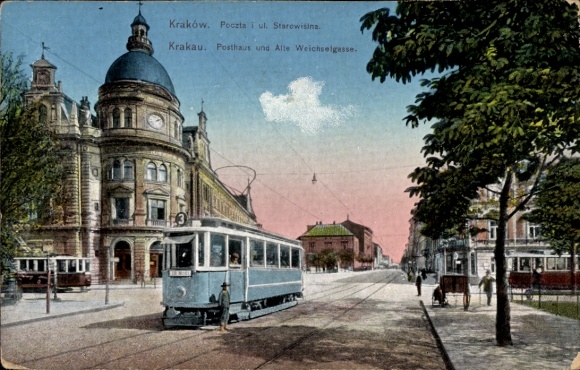 Postcard Kraków Krakow Poland, Post House and Old Vistula Street, Tram